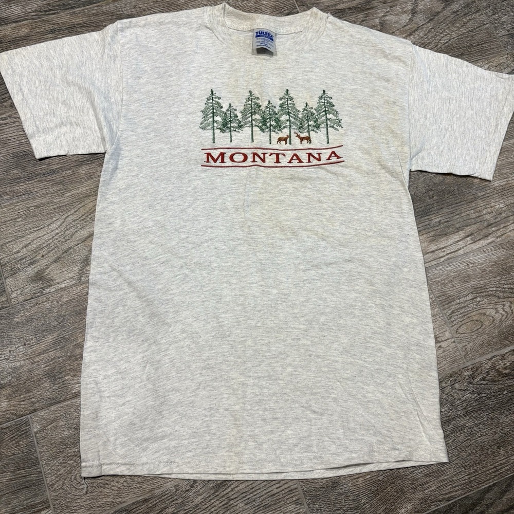 Vtg 90s Montana Embroidered Graphic Tshirt Gray Mens M‎ Trees Nature Outdoors